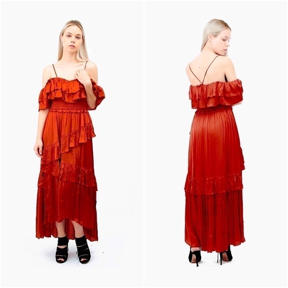 ULLA JOHNSON 70s Silk Tiered Ruffle Smocked Off Shoulder Sleeveless Maxi Gown 0 - Picture 9 of 12